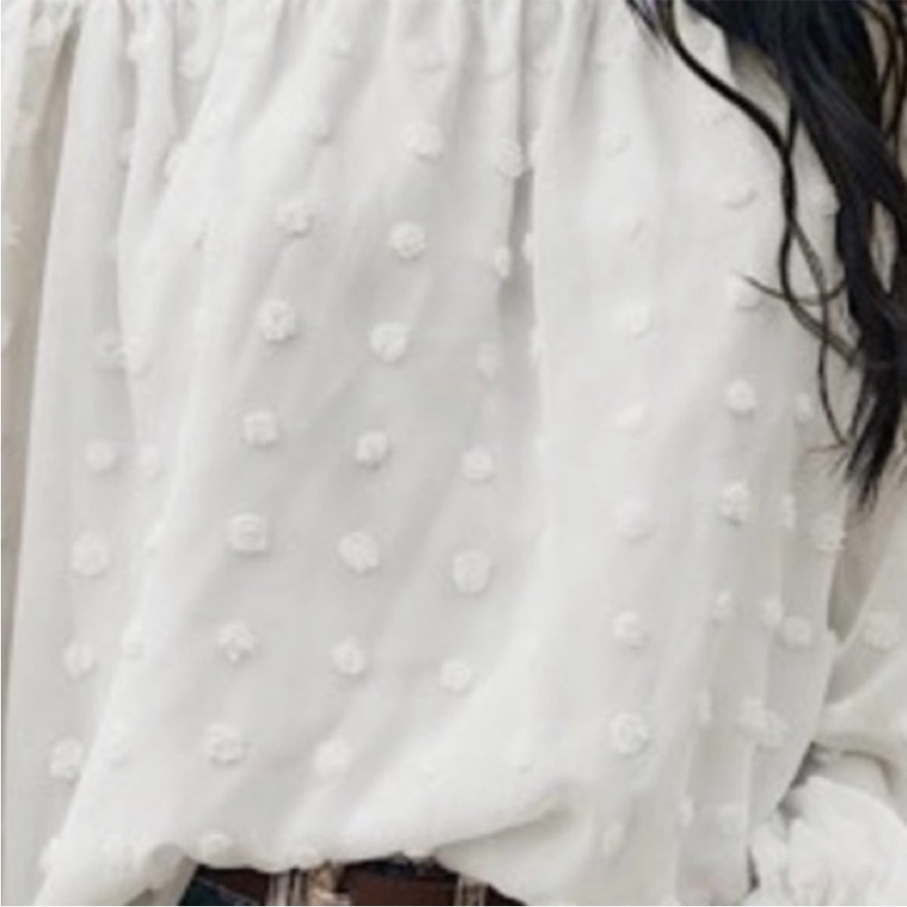 HOST PICK!! NEW White Swiss Dot Long Sleeve Off the Shoulder Flowy Top - Picture 2 of 2